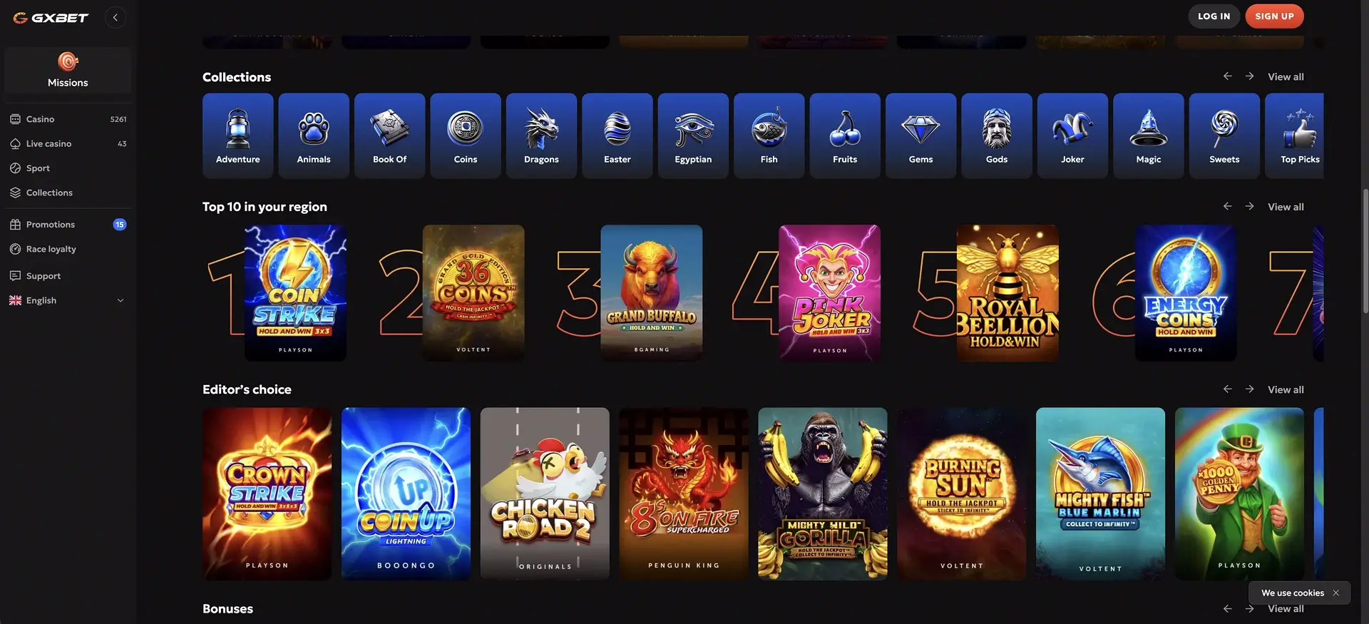 GXBET casino collections and lobby navigation