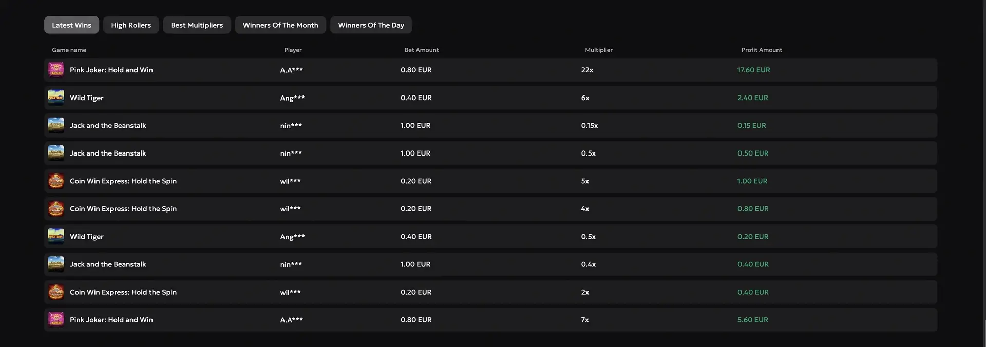 GXBET casino results history