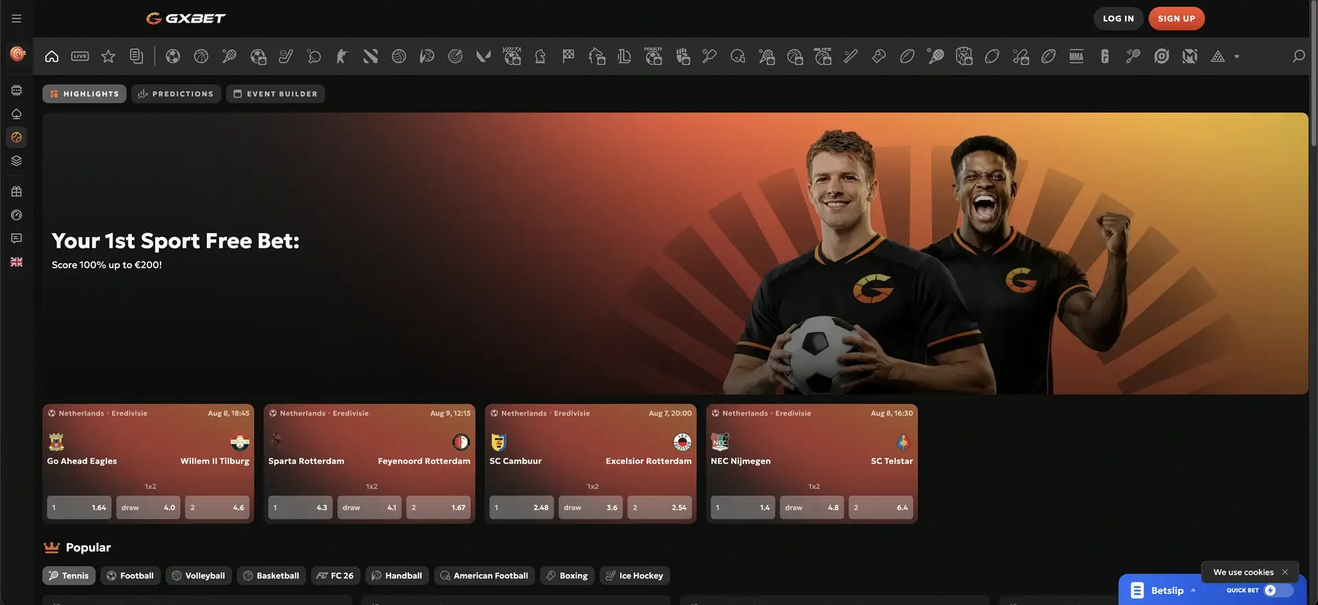 GXBET sportsbook home and live betting markets